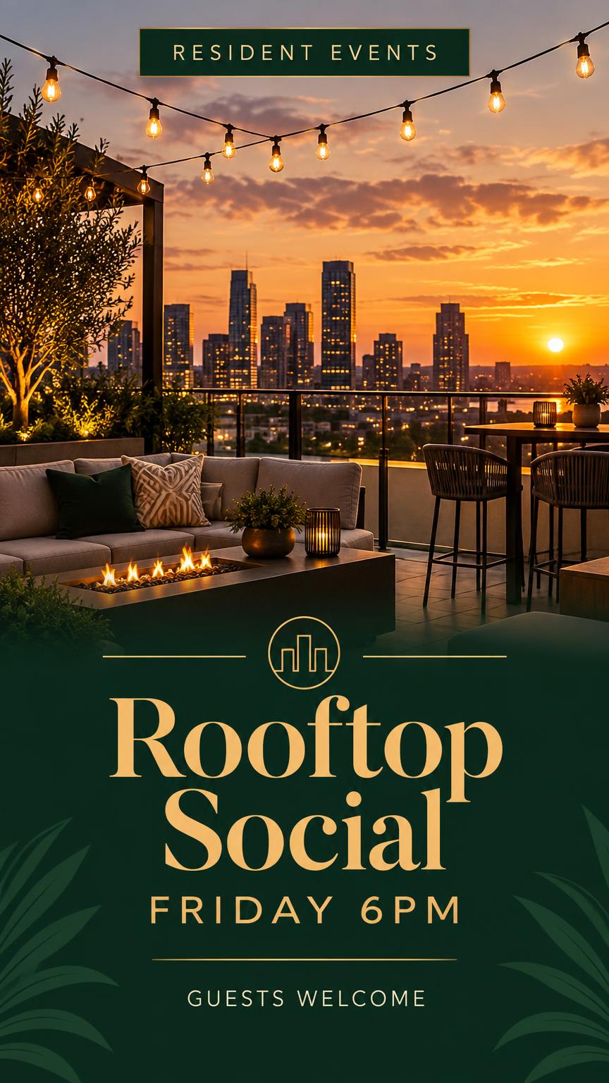 Apartment Community screen: Rooftop Social, Friday 6PM