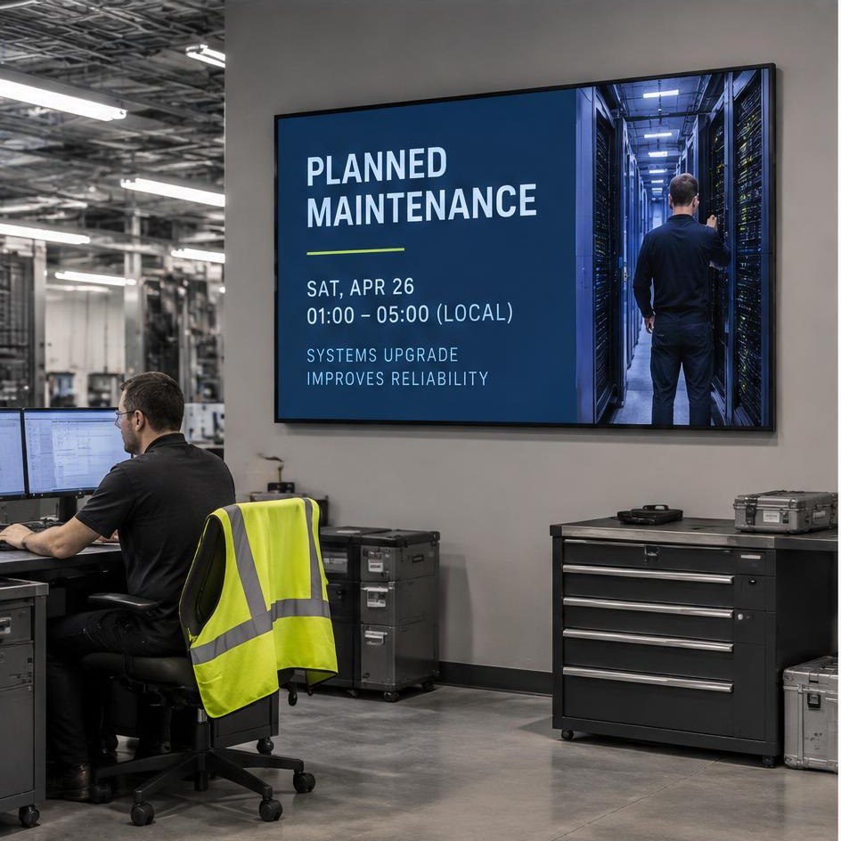 Data center lobby screen showing visitor access and a planned maintenance window