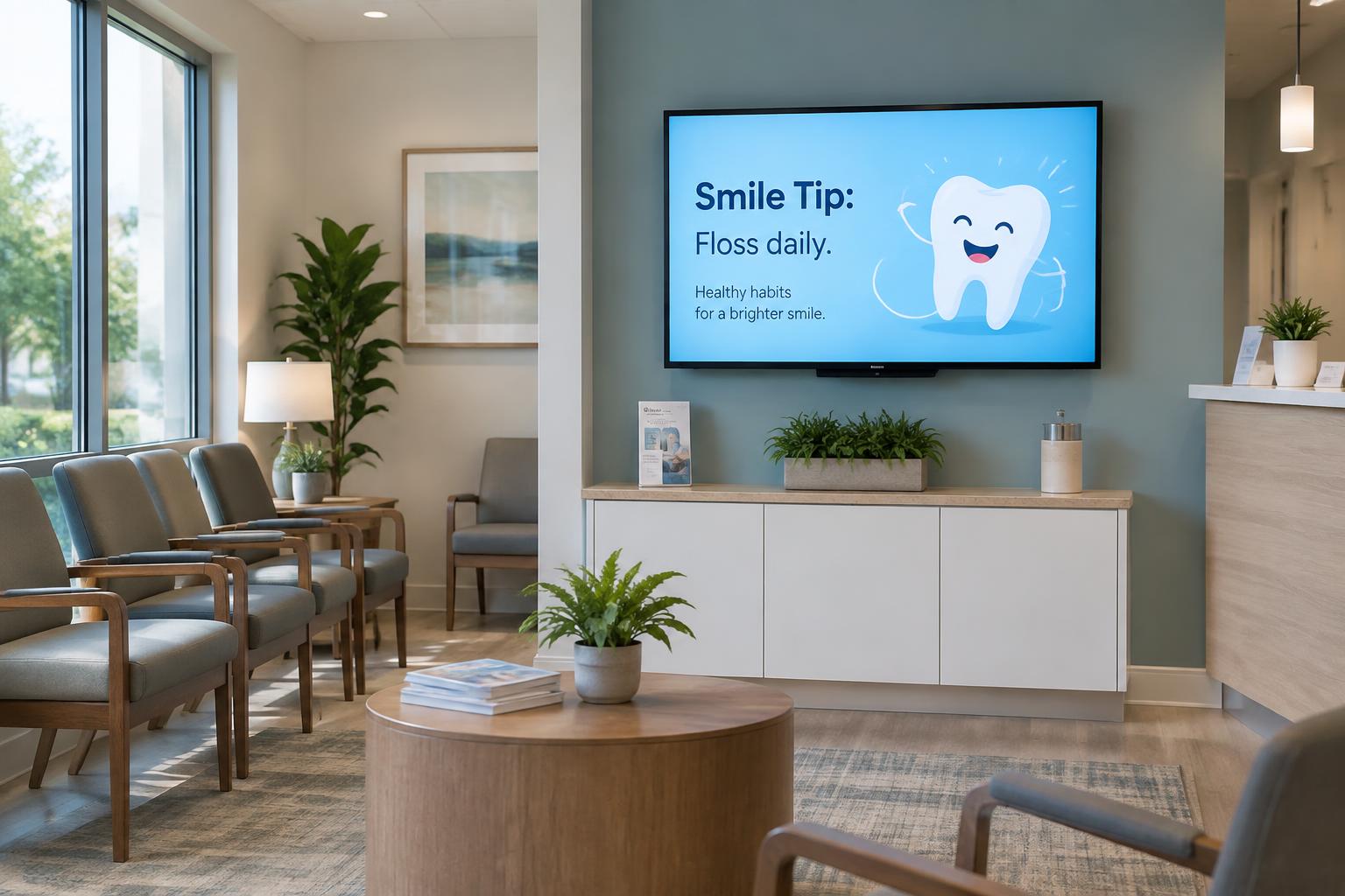 Dental waiting room screen showing a friendly flossing tip