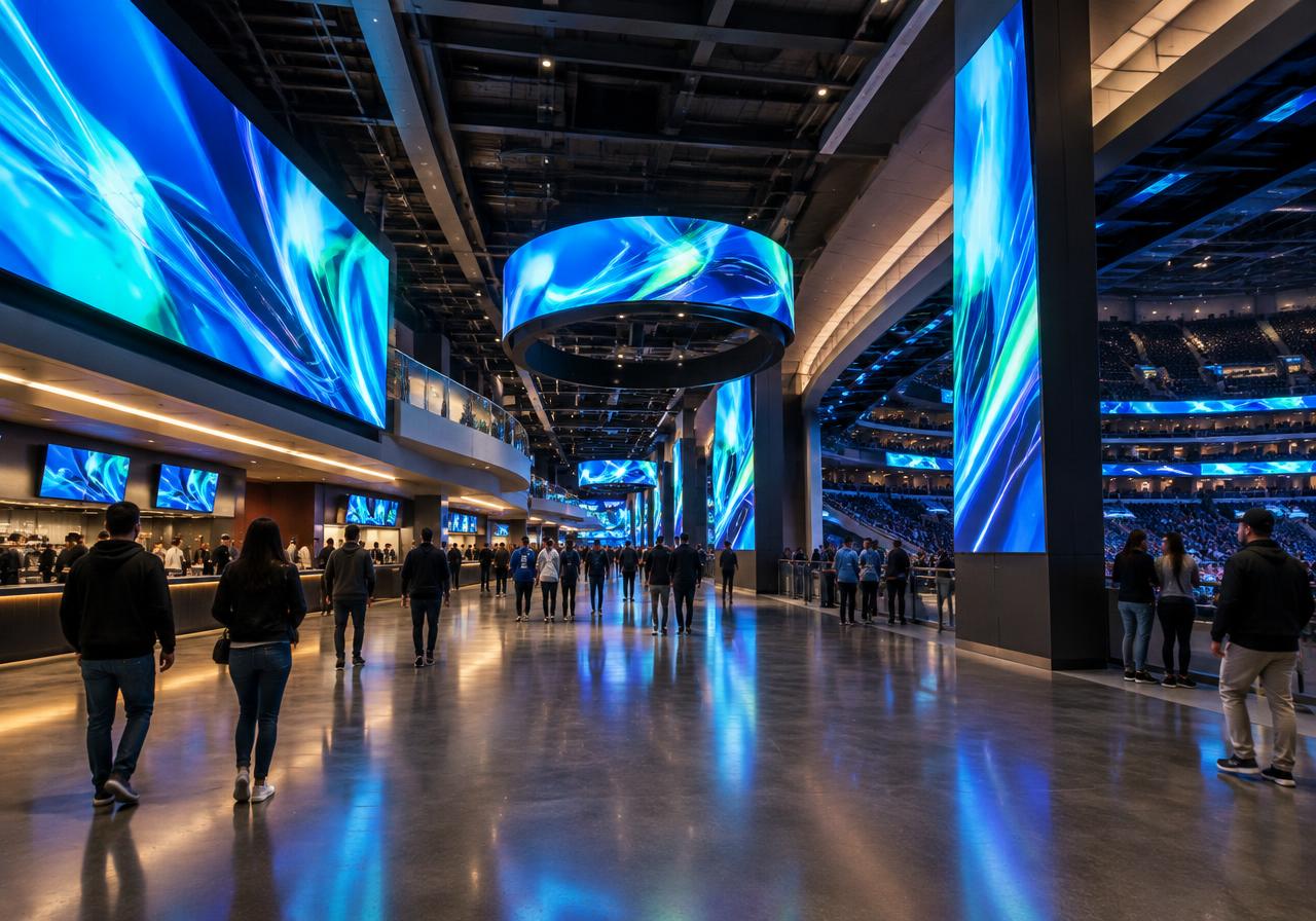 Arena concourse lined with digital screens