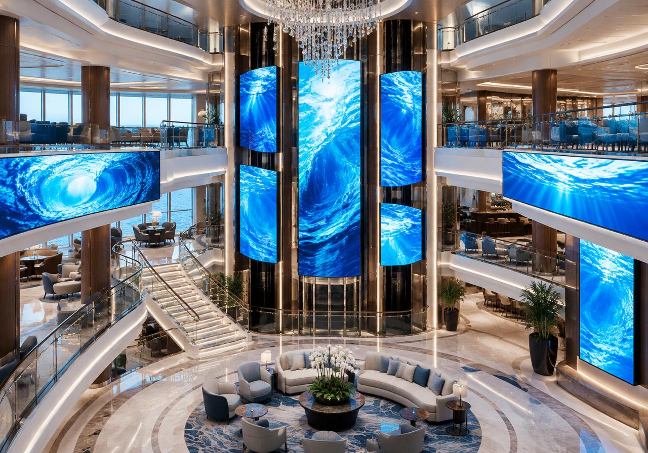Cruise ship atrium with digital displays
