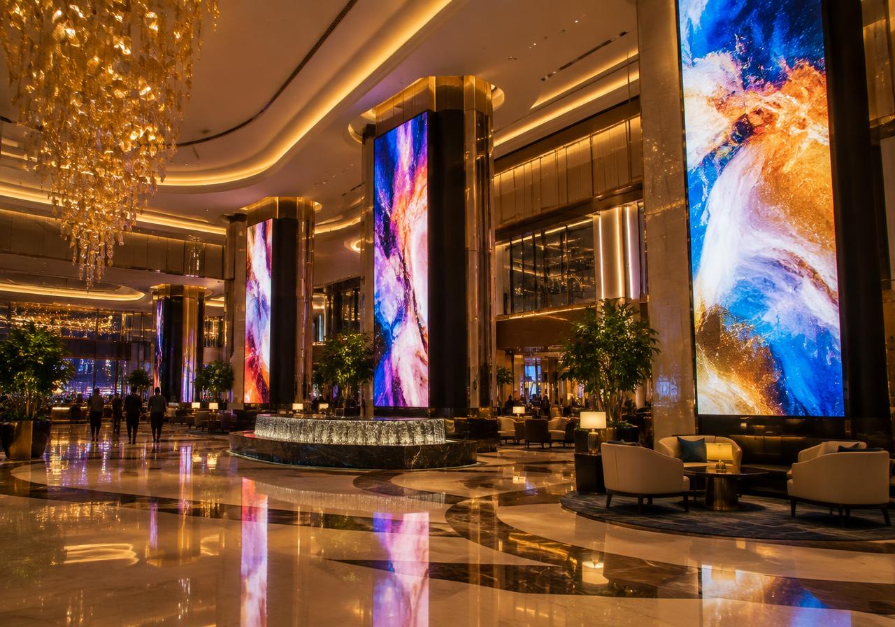 Resort lobby with tall digital displays