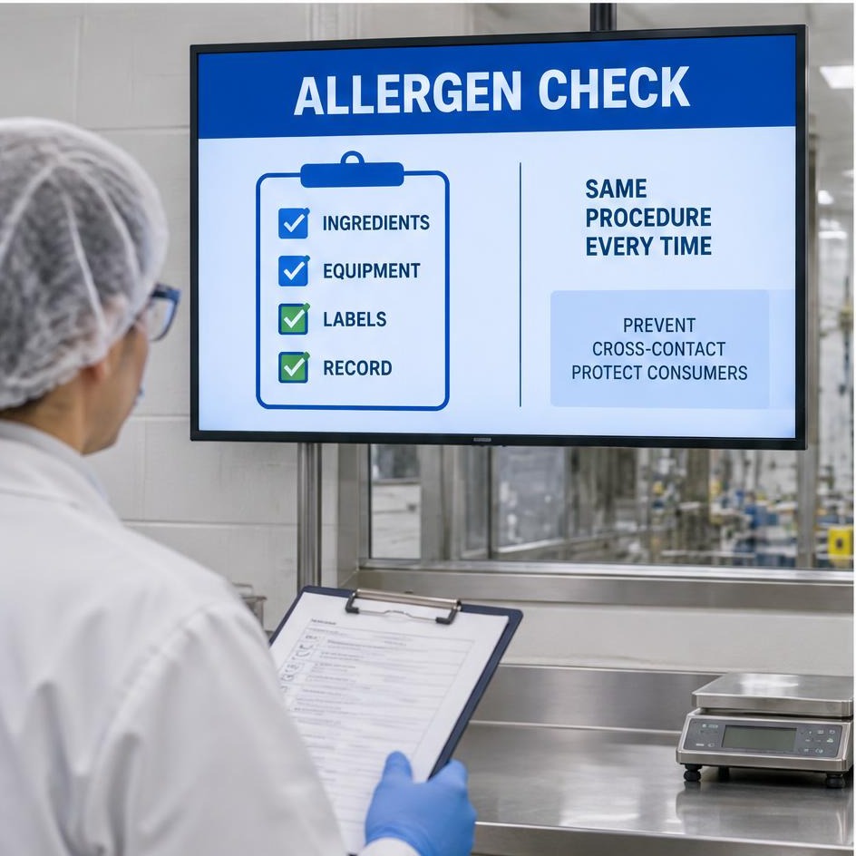 Food processing hygiene-entry screen showing handwashing, allergen, and sanitation reminders