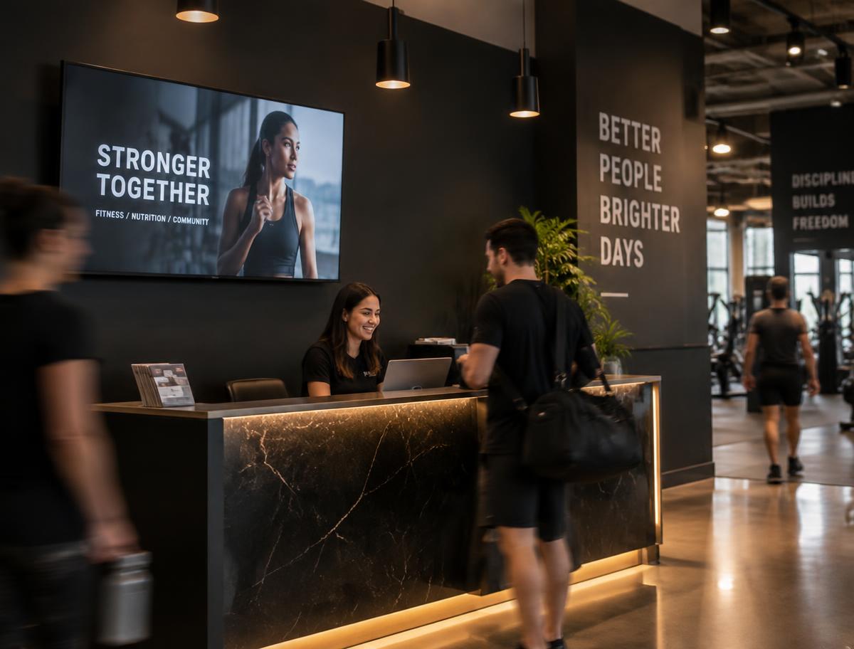 Creative content on a screen in a gym reception area