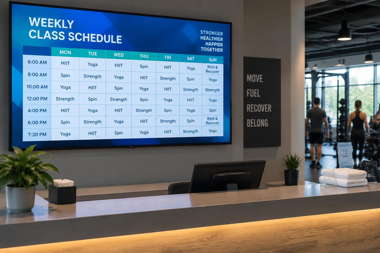 Gym front desk screen showing the weekly class schedule