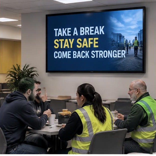 Employee entrance screen sharing a shift start and team huddle update