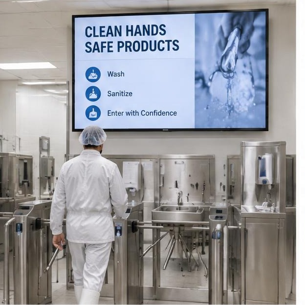Food processing hygiene-entry screen showing handwashing, allergen, and sanitation reminders