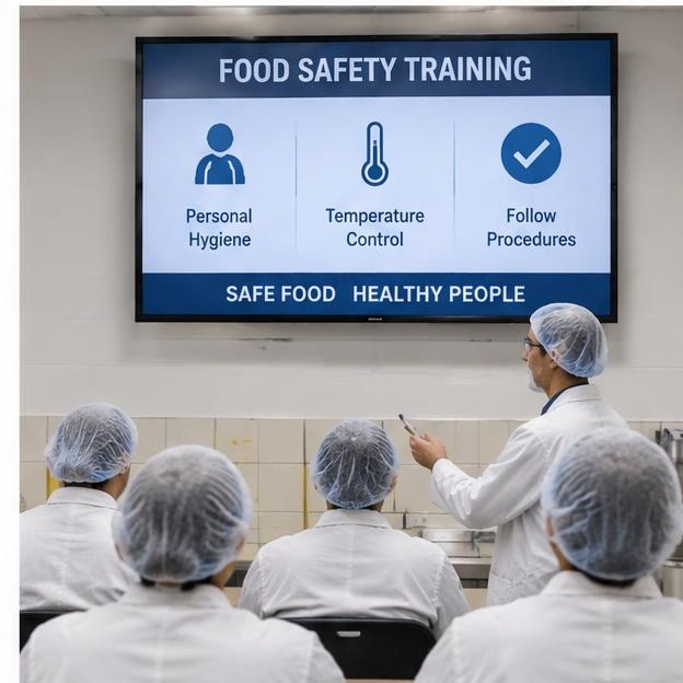 Food processing hygiene-entry screen showing handwashing, allergen, and sanitation reminders