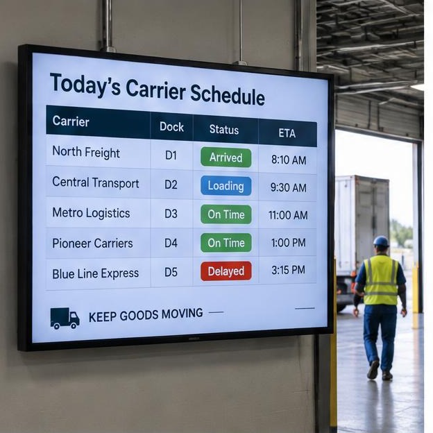 Distribution center employee entrance screen showing dock priorities and the shift briefing