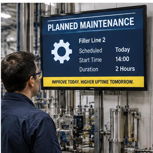Data center lobby screen showing visitor access and a planned maintenance window
