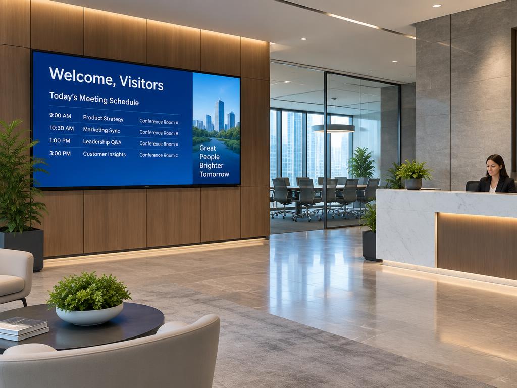 Office lobby screen welcoming visitors with today's meeting schedule