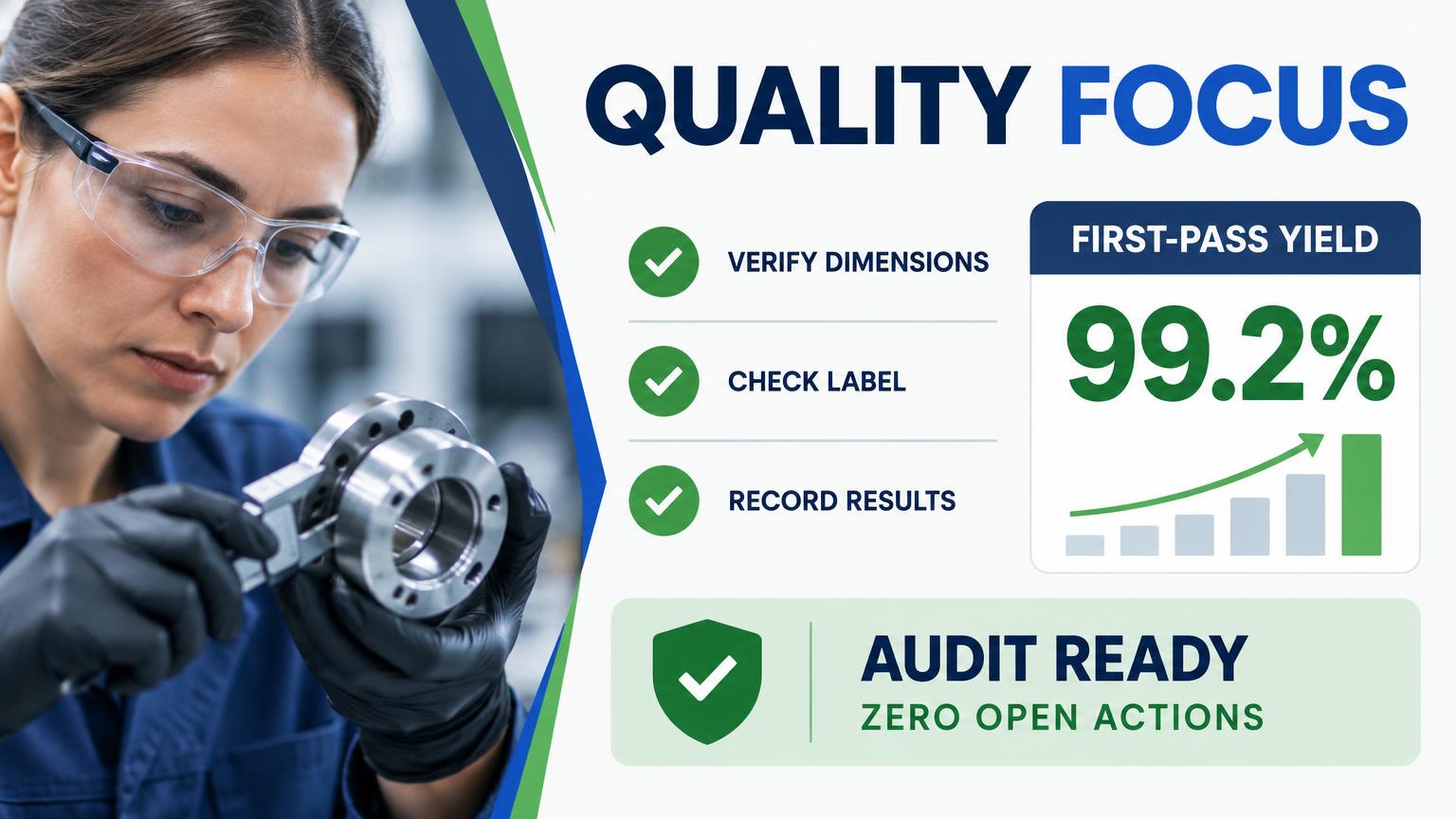 Manufacturing quality communication showing first-pass yield, inspection steps, and audit readiness.