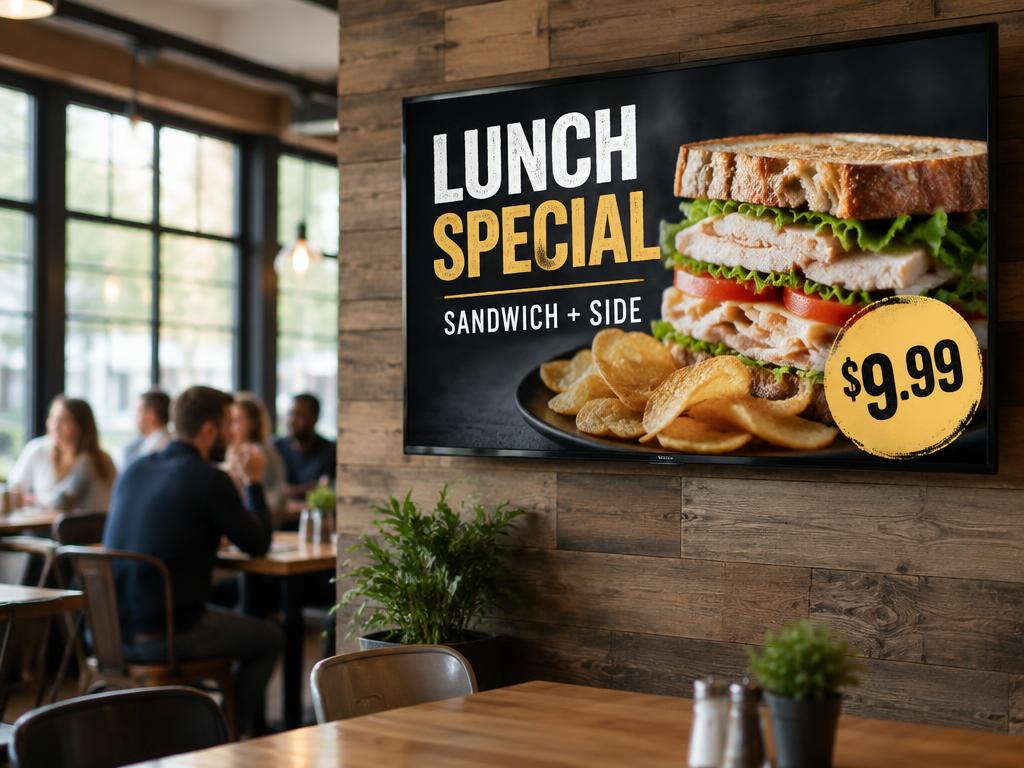 Wall screen in a cafe showing a lunch special