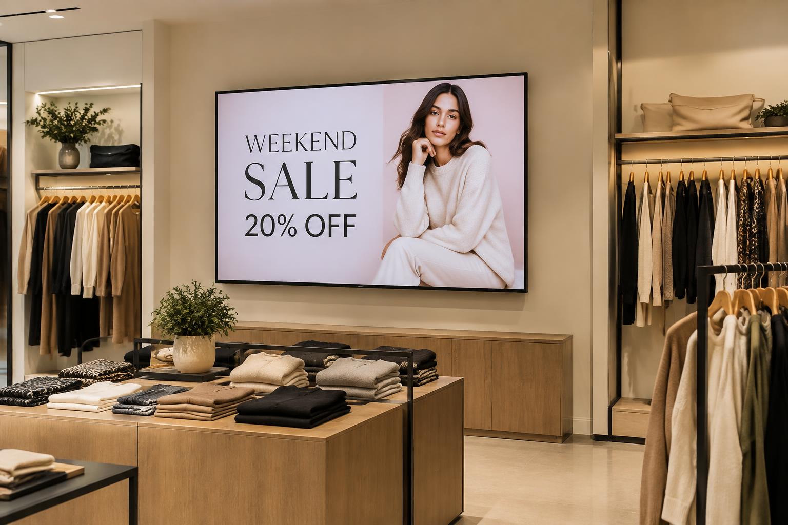 Boutique wall screen promoting a weekend sale