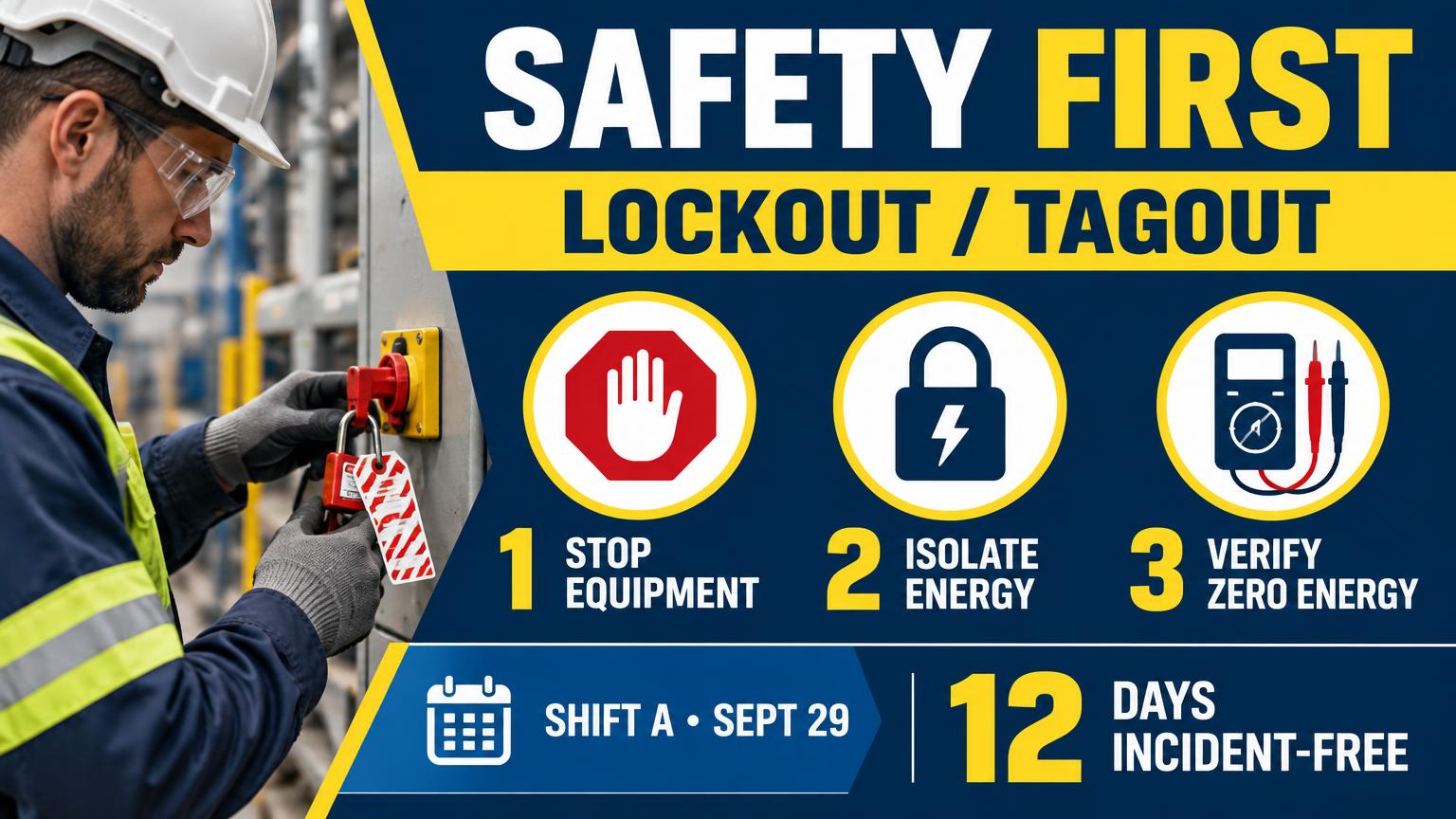 Manufacturing safety communication showing lockout and tagout steps, shift details, and incident-free days.