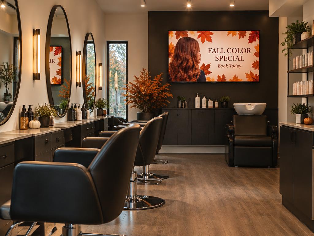 Salon wall screen promoting a fall color special