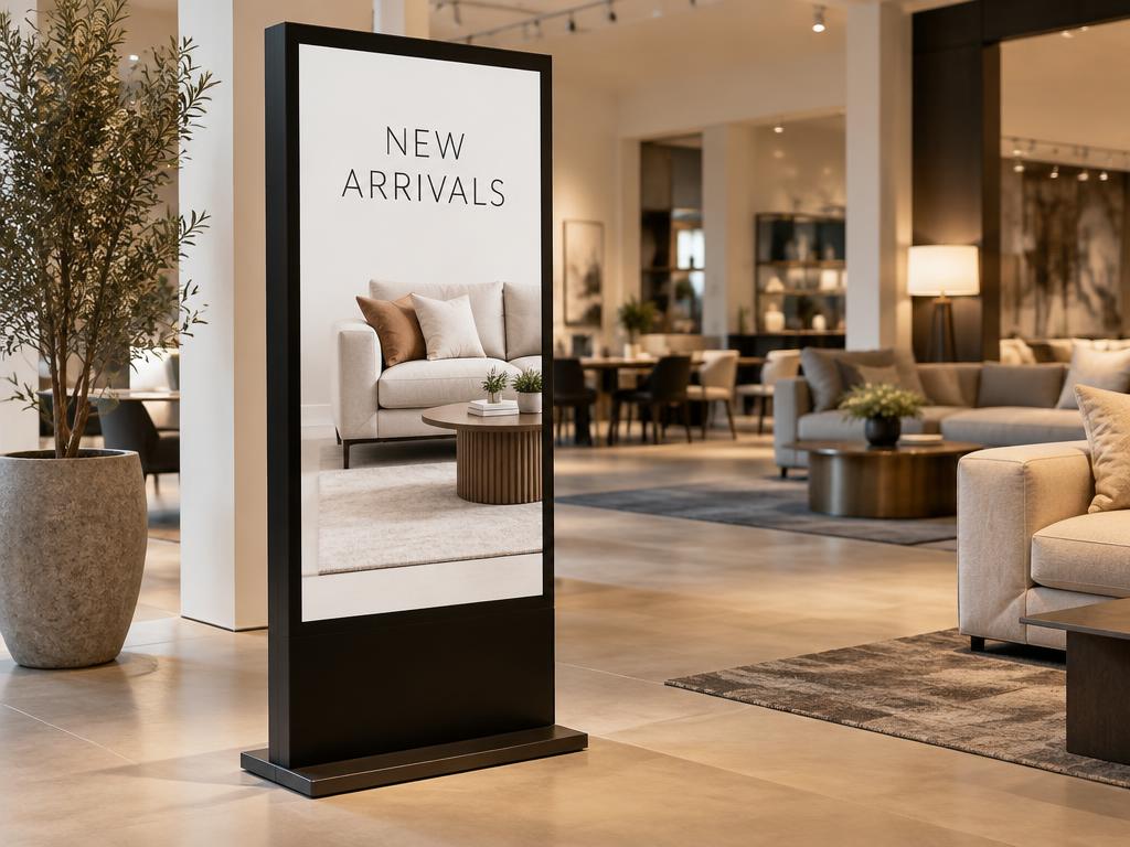 Freestanding display in a furniture showroom featuring new arrivals