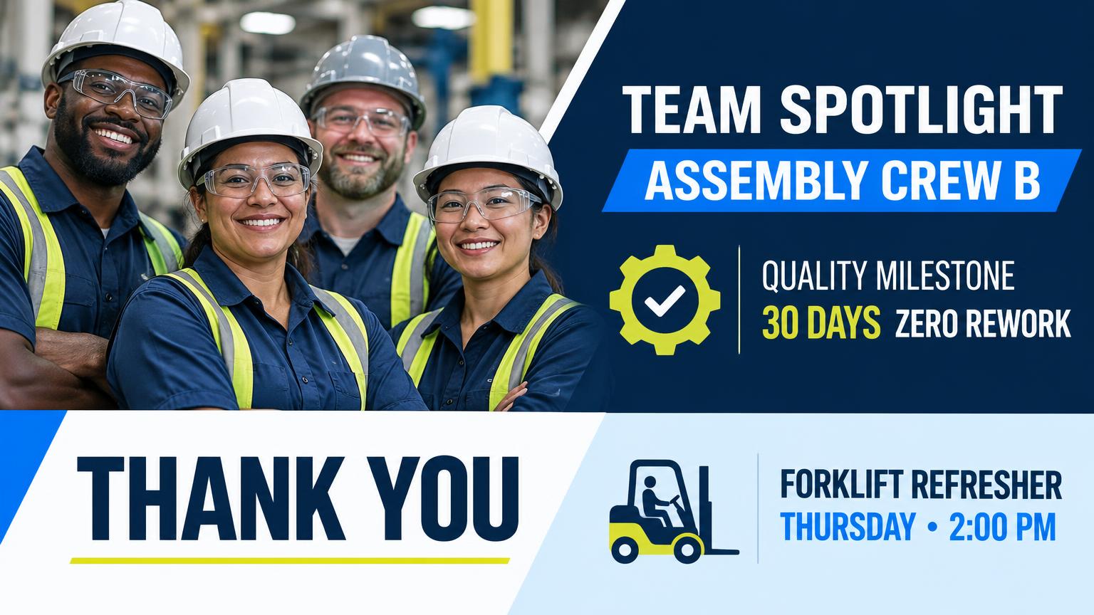 Manufacturing team communication recognizing a quality milestone and announcing upcoming forklift training.