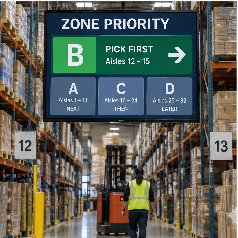 Warehouse screen showing pick accuracy, zone priorities, and a safety reminder