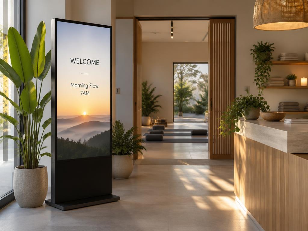 Freestanding display in a yoga studio lobby welcoming guests to morning flow